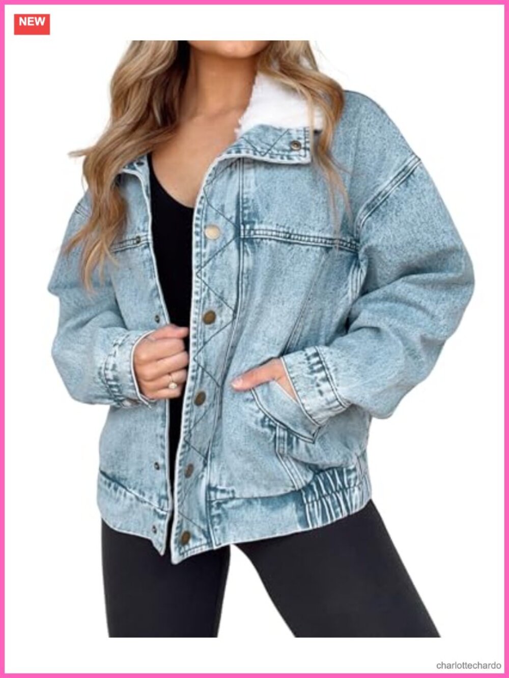 Oversized Sherpa Collar Denim Jacket Boyfriend Fit Trucker Jean Coat Long Sleeve